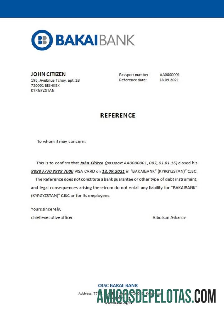 Referência de fechamento do banco OJSC Bakai do Quirguistão amostra